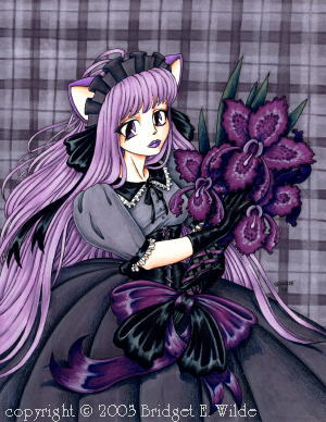 bewildered, lowres, 00s, 1girl, 2003, animal ears, black background, black dress, black gloves, bouquet, breasts, cat ears, cat girl, dress, female focus, flower, gloves, gothic lolita, holding, lolita fashion, looking at viewer, maid headdress, medium breasts, plaid background, purple eyes, purple hair, purple lips, ribbon, short sleeves, solo