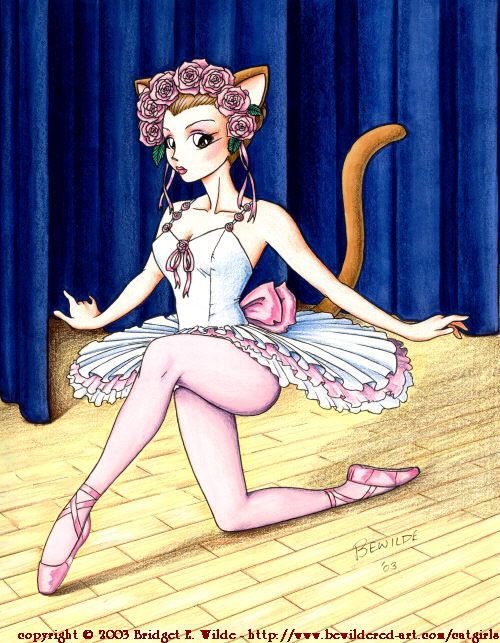 bewildered, traditional media, 00s, 1girl, 2003, animal ears, ballerina, ballet slippers, blush, bow, breasts, brown eyes, brown hair, cat ears, cat girl, cat tail, cleavage, collarbone, curtains, female focus, flower, head wreath, leotard, looking at viewer, medium breasts, on one knee, pantyhose, pink pantyhose, pink shoes, shoes, short hair, skirt, solo, stage, tail, tutu, waist bow, white leotard, white skirt