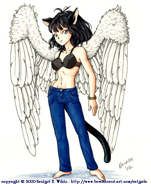 bewildered, 00s, 1girl, 2000, angel wings, animal ears, barefoot, black bra, black hair, blue eyes, blue pants, bra, bracelet, breasts, cat ears, cat girl, cat tail, collarbone, denim, female focus, jeans, jewelry, long hair, looking at viewer, medium breasts, navel, pants, smile, solo, tail, underwear, white background, wings