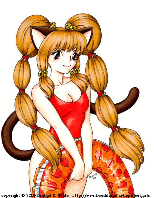 bewildered, 00s, 1girl, 2003, animal ears, bell, breasts, brown eyes, brown hair, cat ears, cat girl, cat tail, cleavage, collarbone, female focus, hair bell, hair ornament, holding, innertube, jingle bell, long hair, looking at viewer, medium breasts, one-piece swimsuit, red one-piece swimsuit, simple background, smile, solo, swim ring, swimsuit, tail, thighhighs, white background