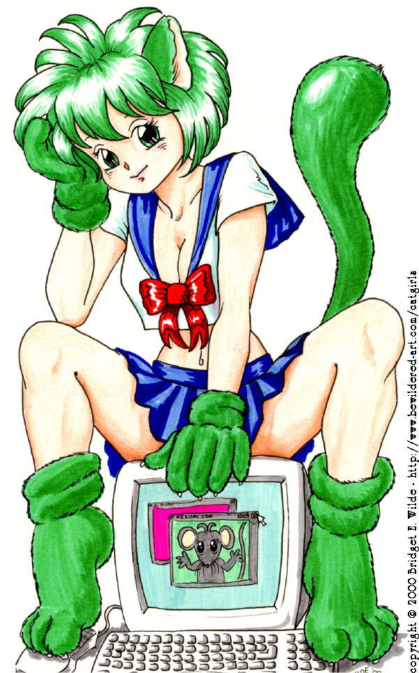 bewildered, 00s, 1girl, 2000, animal, animal ears, animal hands, blue skirt, blush, bow, bowtie, breasts, cat ears, cat girl, cat tail, cleavage, collarbone, computer, female focus, gloves, green eyes, green gloves, green hair, green shoes, head rest, keyboard, looking at viewer, medium breasts, midriff, mouse (animal), navel, paw gloves, paw shoes, red bow, red bowtie, school uniform, shirt, shoes, short hair, short sleeves, sitting, skirt, smile, solo, tail, white background, white shirt