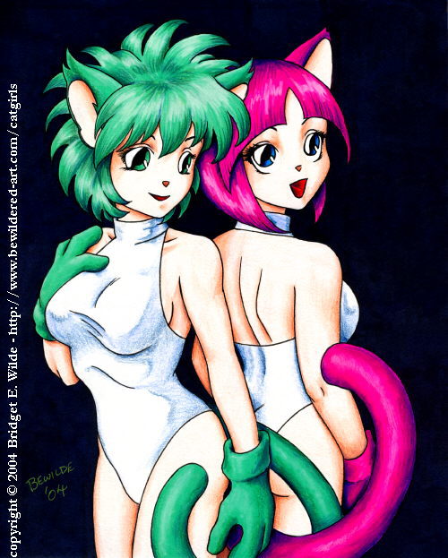 bewildered, 00s, 2004, 2girls, animal ears, black background, blue eyes, breasts, cat ears, cat girl, cat tail, gloves, green eyes, green gloves, green hair, large breasts, leotard, looking at viewer, looking back, multiple girls, open mouth, pink gloves, pink hair, short hair, smile, standing, tail, white leotard