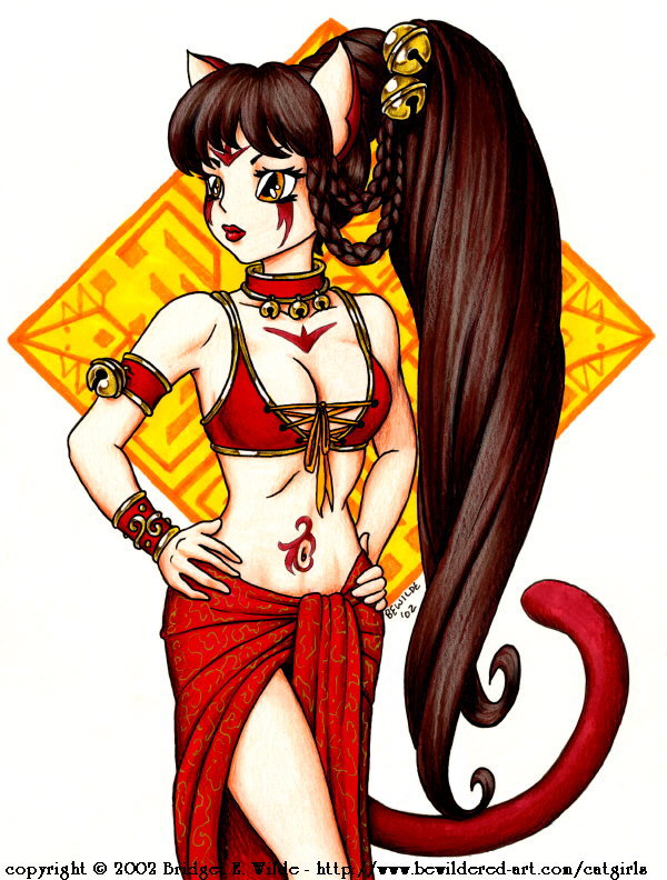 bewildered, 00s, 1girl, 2002, animal ears, armlet, bell, bra, bracelet, braid, breasts, brown hair, cat ears, cat girl, cat tail, chest tattoo, cleavage, collar, collarbone, facial tattoo, female focus, hair bell, hair ornament, hands on own hips, jewelry, jingle bell, long hair, medium breasts, neck bell, ponytail, red bra, red lips, red skirt, side ponytail, skirt, solo, standing, stomach tattoo, tail, tattoo, underwear, white background, yellow eyes