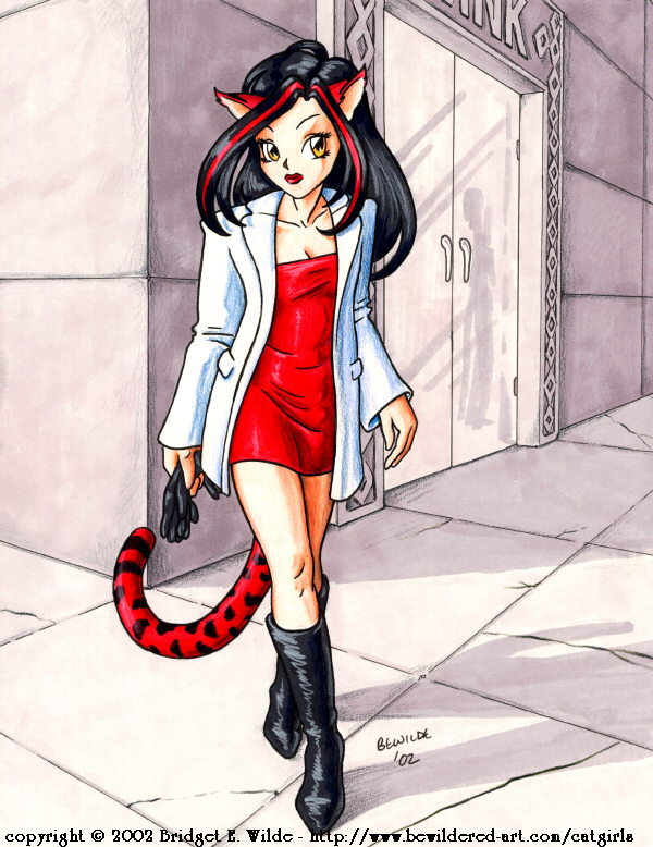 bewildered, 00s, 1girl, 2002, animal ears, black boots, black gloves, black hair, boots, breasts, cat ears, cat girl, cat tail, cleavage, collarbone, dress, female focus, gloves, holding, jacket, long hair, long sleeves, medium breasts, multicolored hair, red dress, red hair, red lips, solo, streaked hair, tail, two-tone hair, unworn gloves, walking, white jacket, yellow eyes