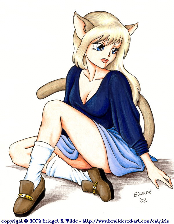 bewildered, traditional media, 00s, 1girl, 2002, animal ears, blue eyes, blue shirt, blue skirt, breasts, brown hair, brown shoes, cat ears, cat girl, cat tail, cleavage, collarbone, female focus, large breasts, long hair, looking to the side, medium breasts, shirt, shoes, skirt, socks, solo, tail, white background, white socks