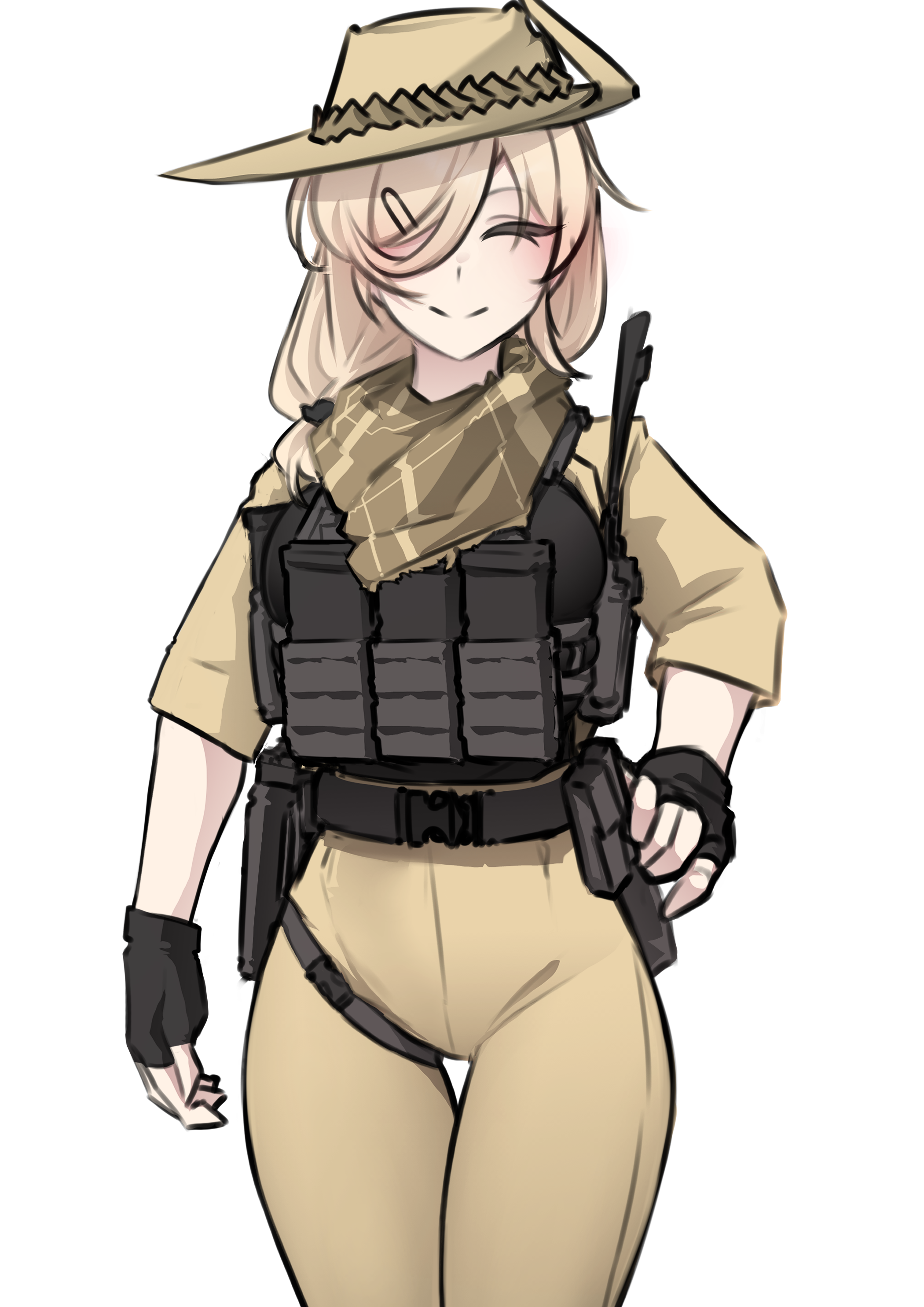 k0ng, original, absurdres, highres, 1girl, ammunition pouch, bandana, belt, black belt, black gloves, black shirt, blonde hair, breasts, brown bandana, brown hat, bulletproof vest, closed eyes, closed mouth, fingerless gloves, gloves, hair ornament, hair over one eye, hair over shoulder, hairclip, hat, high-waist pants, holster, jacket, large breasts, long sleeves, magazine (weapon), medium hair, merc-san (k0ng), pants, pouch, radio antenna, shirt, smile, solo, yellow jacket