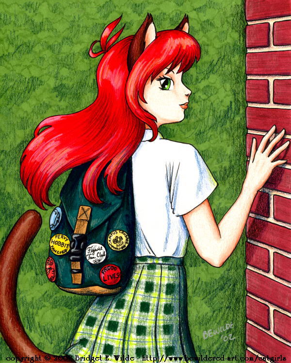 bewildered, the lord of the rings, tolkien's legendarium, 00s, 1girl, 2002, animal ears, backpack, badge, bag, button badge, cat ears, cat girl, cat tail, female focus, from behind, green eyes, green skirt, long hair, looking at viewer, looking back, plaid clothes, plaid skirt, red hair, shirt, short sleeves, skirt, smile, solo, standing, tail, white shirt