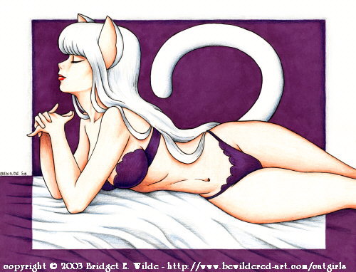 bewildered, lowres, 00s, 1girl, 2003, animal ears, bed, bra, breasts, cat ears, cat girl, cat tail, closed eyes, collarbone, female focus, long hair, lying, medium breasts, navel, own hands together, panties, purple bra, purple panties, red lips, solo, tail, underwear, white hair