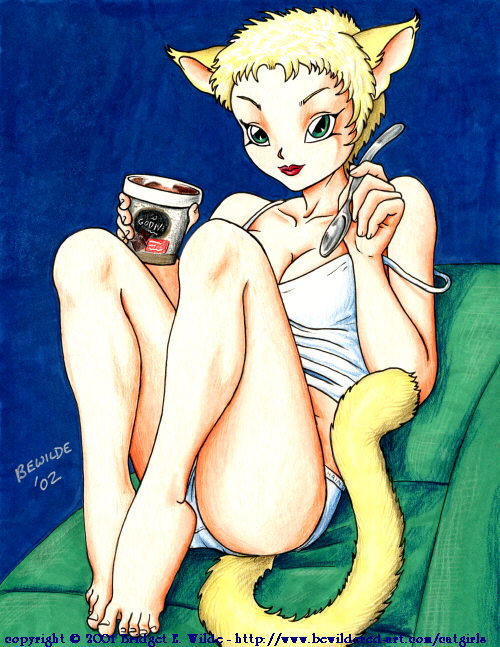 bewildered, 00s, 1girl, 2002, animal ears, barefoot, blonde hair, breasts, cat ears, cat girl, cat tail, cleavage, collarbone, female focus, food, green eyes, holding, ice cream, looking at viewer, medium breasts, panties, red lips, shirt, short hair, sitting, smile, solo, spoon, strap slip, tail, tank top, underwear, white panties, white shirt