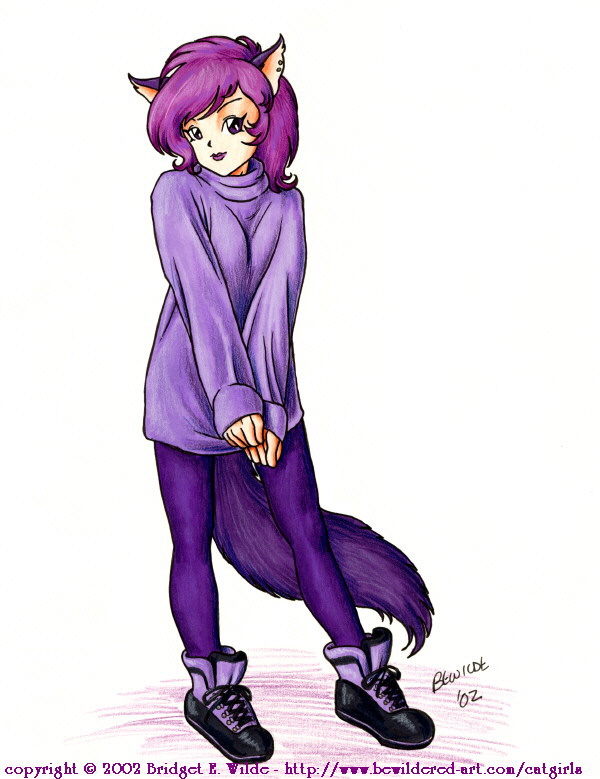 bewildered, 00s, 1girl, 2002, animal ears, cat ears, cat girl, cat tail, female focus, long sleeves, looking at viewer, pantyhose, purple eyes, purple hair, purple lips, purple pantyhose, purple shirt, purple shoes, shirt, shoes, short hair, sleeves past wrists, solo, standing, tail, white background