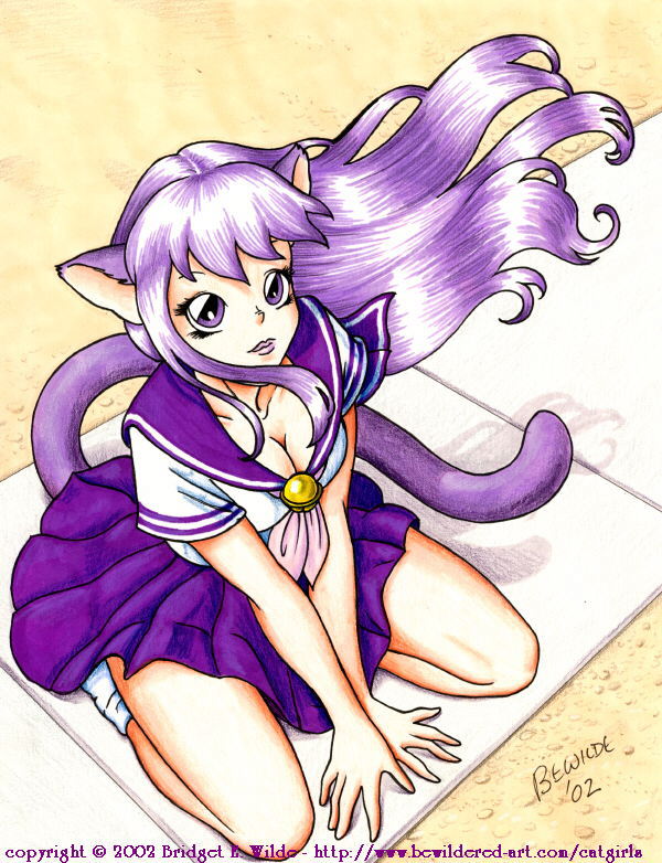 bewildered, 00s, 1girl, 2002, animal ears, bell, breasts, cat ears, cat girl, cat tail, cleavage, collarbone, female focus, jingle bell, long hair, looking at viewer, medium breasts, neckerchief, pink neckerchief, purple eyes, purple hair, purple lips, purple skirt, school uniform, serafuku, shirt, short sleeves, sidewalk, sitting, skirt, socks, solo, tail, white shirt, white socks