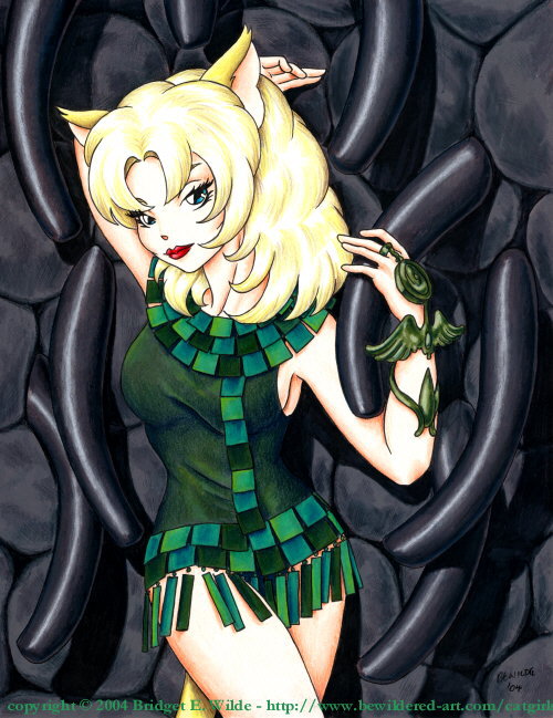 bewildered, 00s, 1girl, 2004, animal ears, blonde hair, blue eyes, bracelet, breasts, cat ears, cat girl, cat tail, dress, female focus, green dress, jewelry, large breasts, long hair, looking at viewer, red lips, sleeveless, sleeveless dress, solo, standing, tail