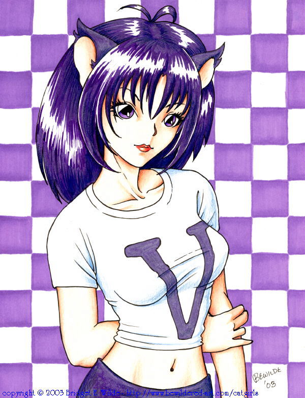 bewildered, arm grab, 00s, 1girl, 2003, animal ears, breasts, cat ears, cat girl, cat tail, checkered background, collarbone, female focus, long hair, looking at viewer, medium breasts, midriff, navel, pants, purple background, purple eyes, purple hair, purple pants, red lips, shirt, short sleeves, solo, tail, upper body, white shirt