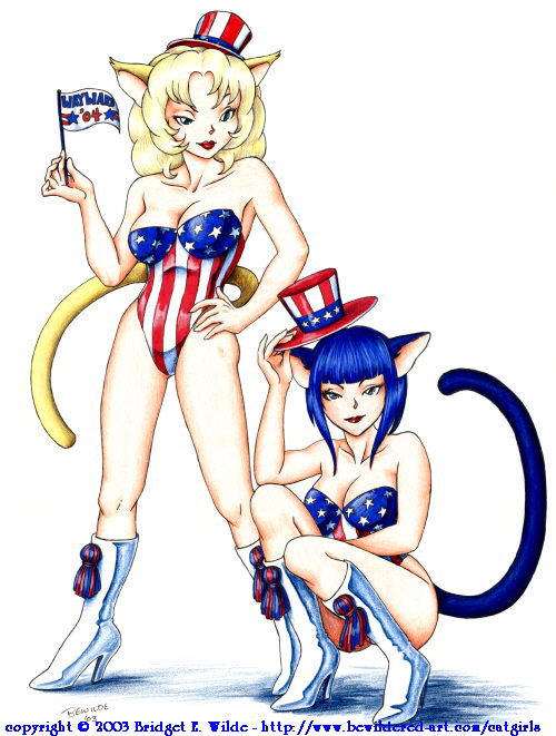 bewildered, white footwear, 00s, 2003, 2girls, american flag, american flag leotard, animal ears, blonde hair, blue eyes, blue hair, boots, breasts, cat ears, cat girl, cat tail, cleavage, collarbone, flag, hand on own hip, hat, high heels, holding, large breasts, leotard, long hair, looking at viewer, multiple girls, print leotard, red lips, short hair, simple background, star (symbol), star print, striped clothes, striped leotard, tail, top hat, united states, white background