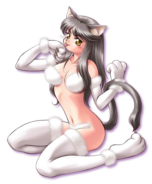 byokugen, original, grey footwear, 1girl, animal ears, animal hands, bikini, black hair, blush, boots, breasts, brown eyes, cat ears, cat girl, cat tail, claws, collarbone, fur-trimmed boots, fur-trimmed gloves, fur bikini, fur trim, gloves, grey gloves, large breasts, licking, licking hand, long hair, looking at viewer, navel, paw gloves, paw shoes, smile, swimsuit, tail, thigh boots, whiskers, white background, white bikini