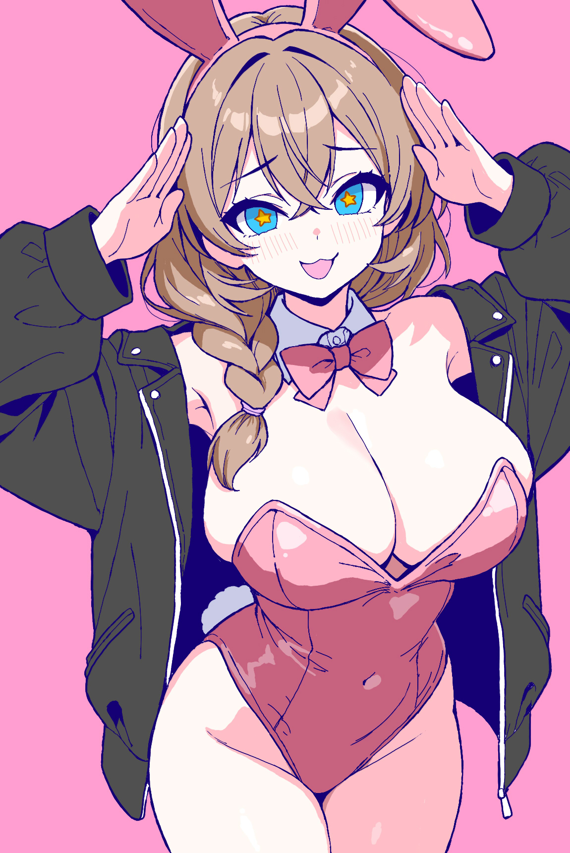 bungeiman masa, original, highres, + +, 1girl, :3, animal ears, armpits, arms up, black jacket, blonde hair, blue eyes, blush, bow, braid, buttons, collar, covered navel, cowboy shot, detached collar, hair tie, jacket, lapels, leotard, long hair, looking at viewer, notched lapels, open mouth, pink background, pink bow, pink leotard, playboy bunny, rabbit ears, rabbit tail, side braid, simple background, solo, tail, white collar