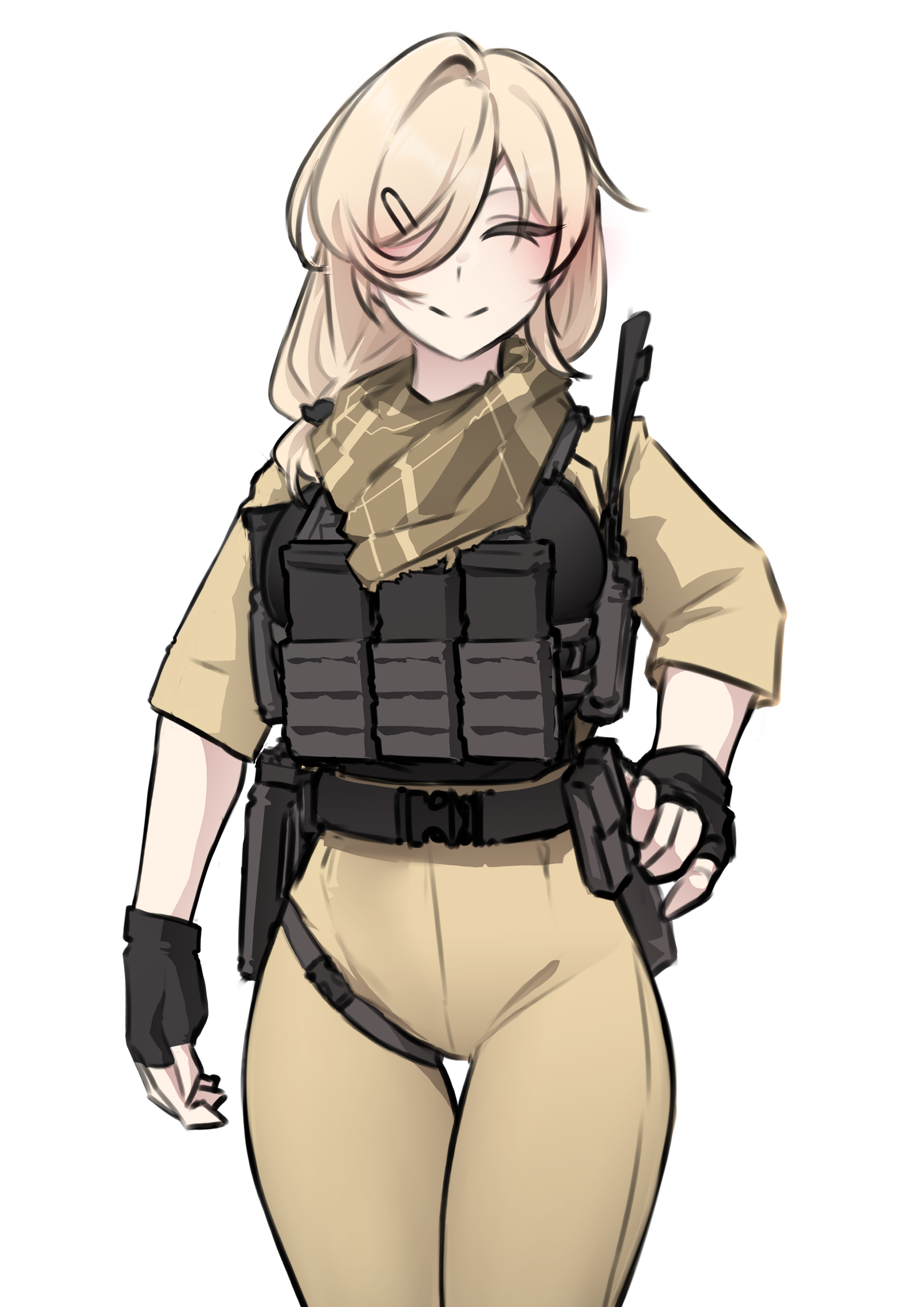 k0ng, original, absurdres, highres, 1girl, ammunition pouch, bandana, belt, black belt, black gloves, black shirt, blonde hair, breasts, brown bandana, bulletproof vest, closed eyes, closed mouth, fingerless gloves, gloves, hair ornament, hair over one eye, hair over shoulder, hairclip, high-waist pants, holster, jacket, large breasts, long sleeves, magazine (weapon), medium hair, merc-san (k0ng), pants, pouch, radio antenna, shirt, smile, solo, yellow jacket