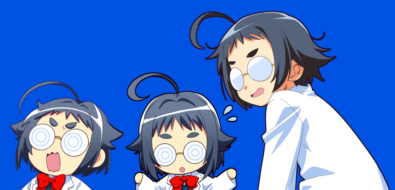 bk (barakoodra), original, ahoge, artist self-insert, bow, coke-bottle glasses, glasses, opaque glasses, red bow, round eyewear, short eyebrows, sidelocks, thick eyebrows