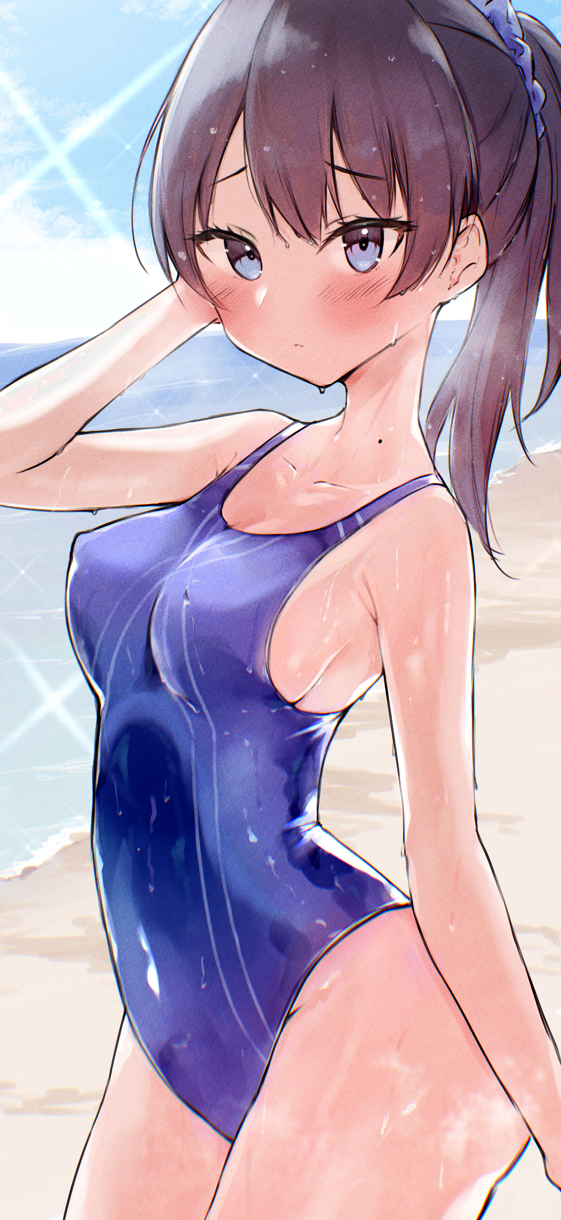 syoma (1026syoma), murano sayaka, murano sayaka (swimsuit), link! like! love live!, love live!, absurdres, commentary request, highres, 1girl, arm up, beach, black hair, blue eyes, blue one-piece swimsuit, blue scrunchie, blue sky, blush, breasts, closed mouth, collarbone, competition swimsuit, covered erect nipples, cowboy shot, day, hair ornament, hair scrunchie, long hair, looking at viewer, medium breasts, mole, mole on neck, official alternate costume, official alternate hairstyle, one-piece swimsuit, outdoors, ponytail, scrunchie, sideboob, sky, solo, swimsuit, virtual youtuber