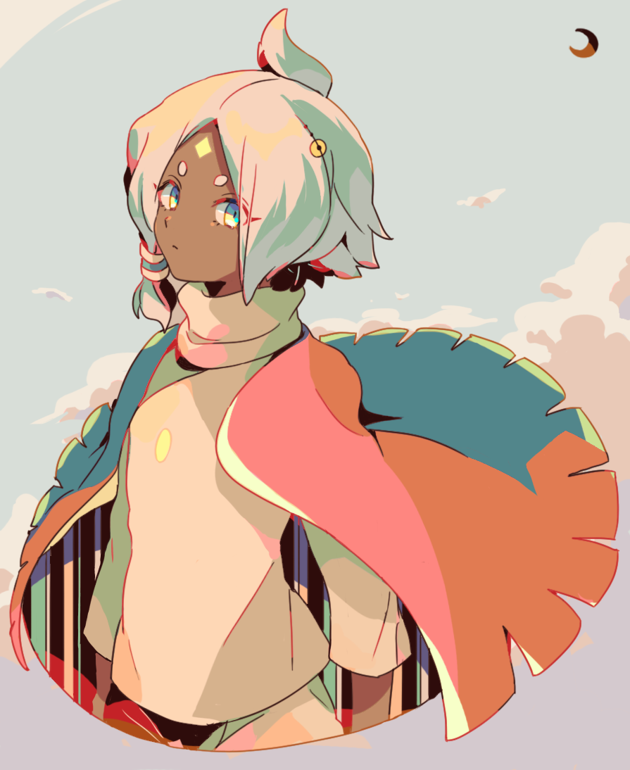 mizuki tsukimori, sky: children of the light, character request, commentary request, 1girl, cape, closed mouth, cloud, dark-skinned female, dark skin, expressionless, facial mark, forehead mark, hair ribbon, long hair, looking at viewer, ribbon, short hair, solo, turtleneck, white hair, yellow eyes