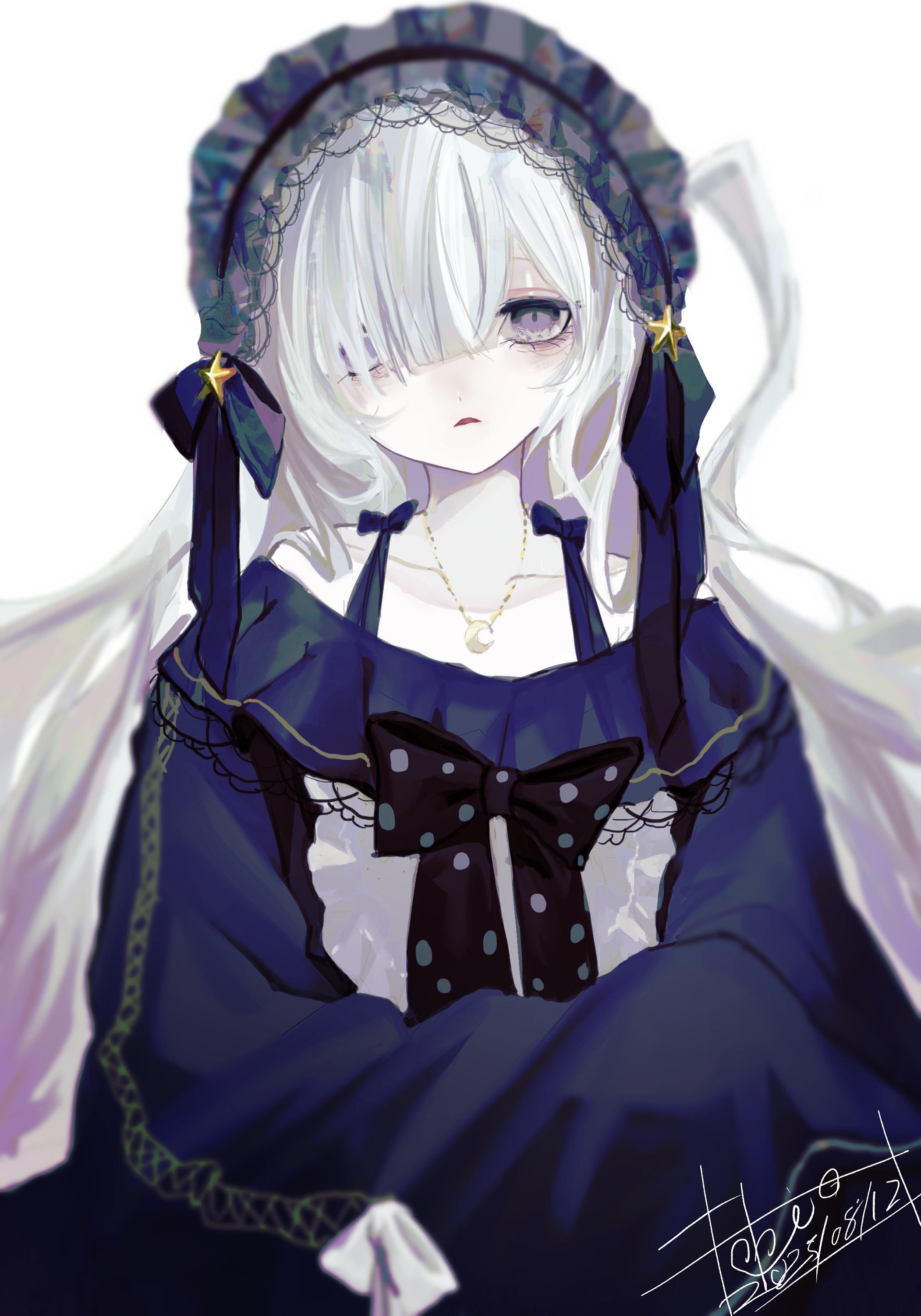 natsume anan, mahou shoujo no majo saiban, absurdres, hashtag-only commentary, highres, 1girl, black ribbon, blue dress, blue hairband, cowboy shot, crescent, crescent necklace, dress, frilled dress, frills, gothic lolita, hair over one eye, hair ribbon, hairband, jewelry, lolita fashion, lolita hairband, long hair, long sleeves, looking at viewer, magical girl, necklace, one side up, purple eyes, ribbon, signature, simple background, solo, star (symbol), tobio (batigai 11o11), very long hair, white background, white hair