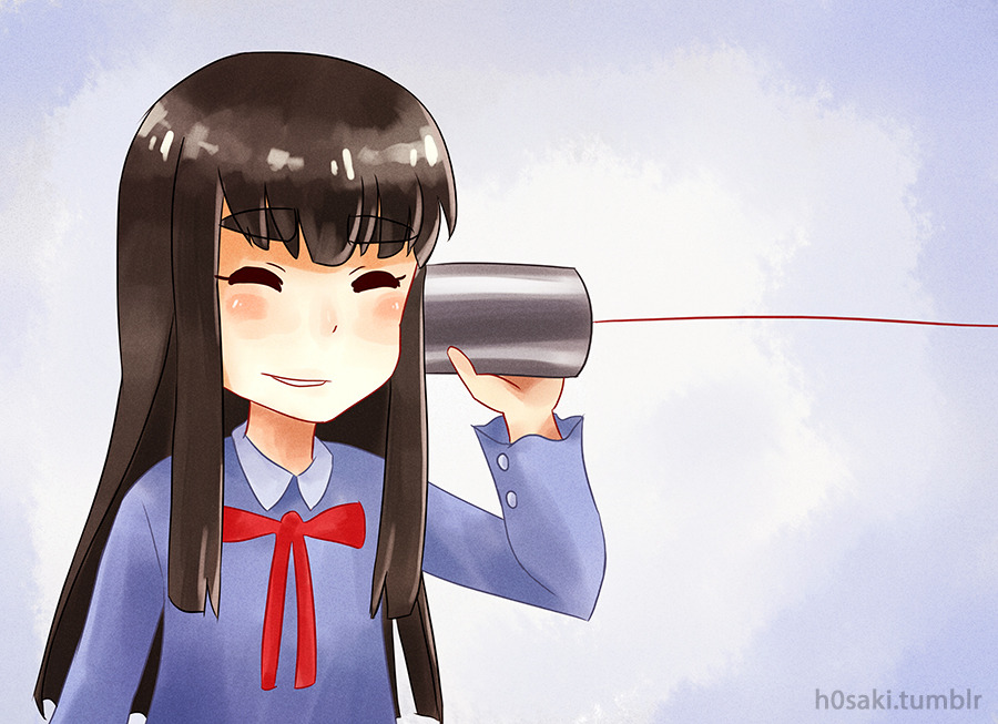 h0saki, kiryuuin satsuki, kill la kill, commentary, english commentary, 1girl, black hair, blue background, blue shirt, blunt ends, blush, closed eyes, collared shirt, dot nose, eyelashes, holding, long hair, long sleeves, parted lips, red ribbon, ribbon, shirt, sidelocks, smile, solo, string phone, tumblr username, upper body
