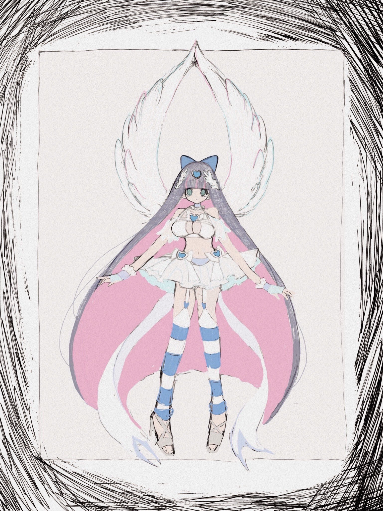 stocking (psg), panty & stocking with garterbelt, highres, 1girl, blunt bangs, bow, breasts, colored inner hair, dorodoro cream, hair bow, horizontal-striped thighhighs, large breasts, long hair, looking at viewer, multicolored hair, pink hair, solo, striped clothes, striped thighhighs, thighhighs, two-tone hair