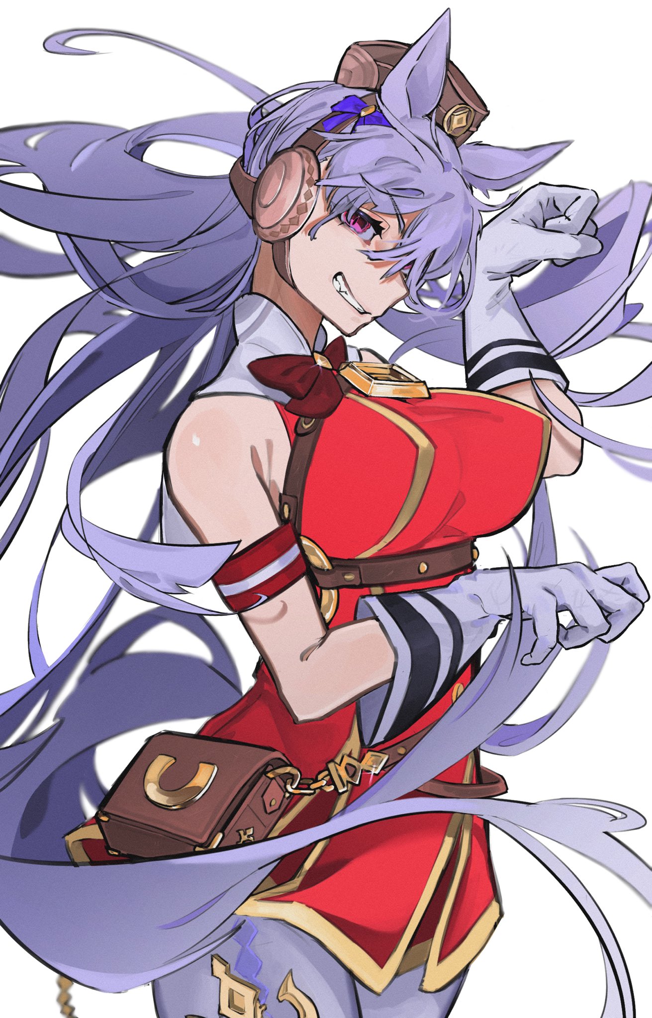 gold ship (umamusume), umamusume, highres, 1girl, animal ears, armband, bare arms, bare shoulders, belt pouch, blue ribbon, blunt bangs, boots, breasts, brown hat, buttons, chest harness, clenched hands, closed mouth, clothing cutout, collar, cowboy shot, double-breasted, dress, ear covers, floating hair, glint, gloves, gold buttons, gold trim, grin, hair ribbon, hair spread out, halter dress, halterneck, hands up, harness, hat, head tilt, high collar, horse ears, horse girl, horse tail, horseshoe, large breasts, long hair, looking at viewer, ninbusu, nose, o-ring, o-ring harness, pale skin, pantyhose, pillbox hat, pink lips, pouch, purple eyes, raised eyebrows, red armband, red dress, red ribbon, ribbon, short dress, sideways glance, simple background, sleeveless, sleeveless dress, smile, solo, standing, tail, tail through clothes, teeth, thigh strap, thighs, v-shaped eyebrows, white background, white boots, white collar, white gloves, white hair, white pantyhose, white tail