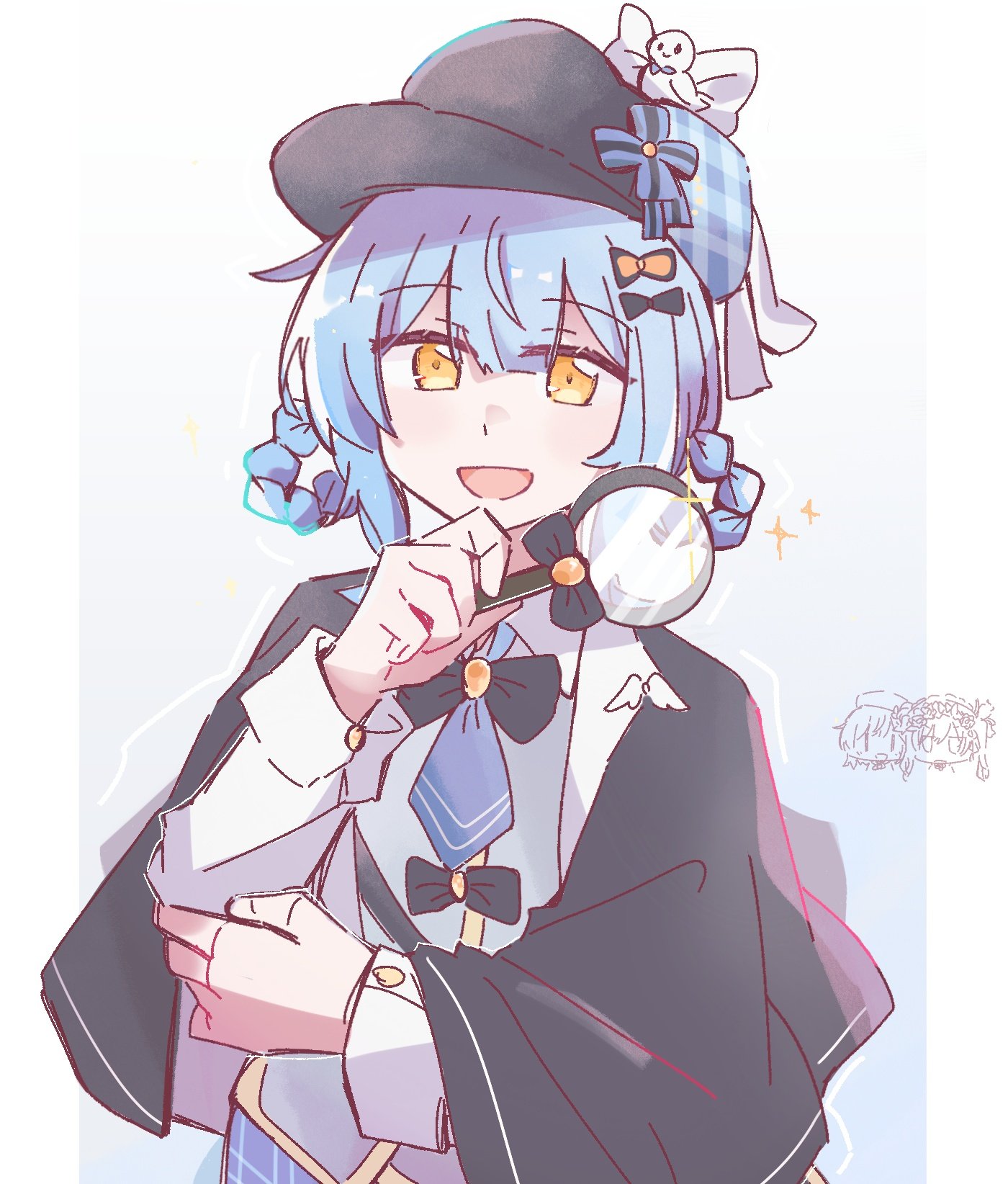 hateyo, sakuraba ema, tachibana sherry, toono hanna, mahou shoujo no majo saiban, highres, 1girl, :d, bird hat ornament, black capelet, black hat, blue hair, blue necktie, blunt bangs, braid, braided hair rings, capelet, deerstalker, detective, hair rings, hand on own elbow, hand up, hat, holding, holding magnifying glass, long sleeves, looking at viewer, magical girl, magnifying glass, necktie, open mouth, short hair, smile, solo, upper body, vest, yellow eyes