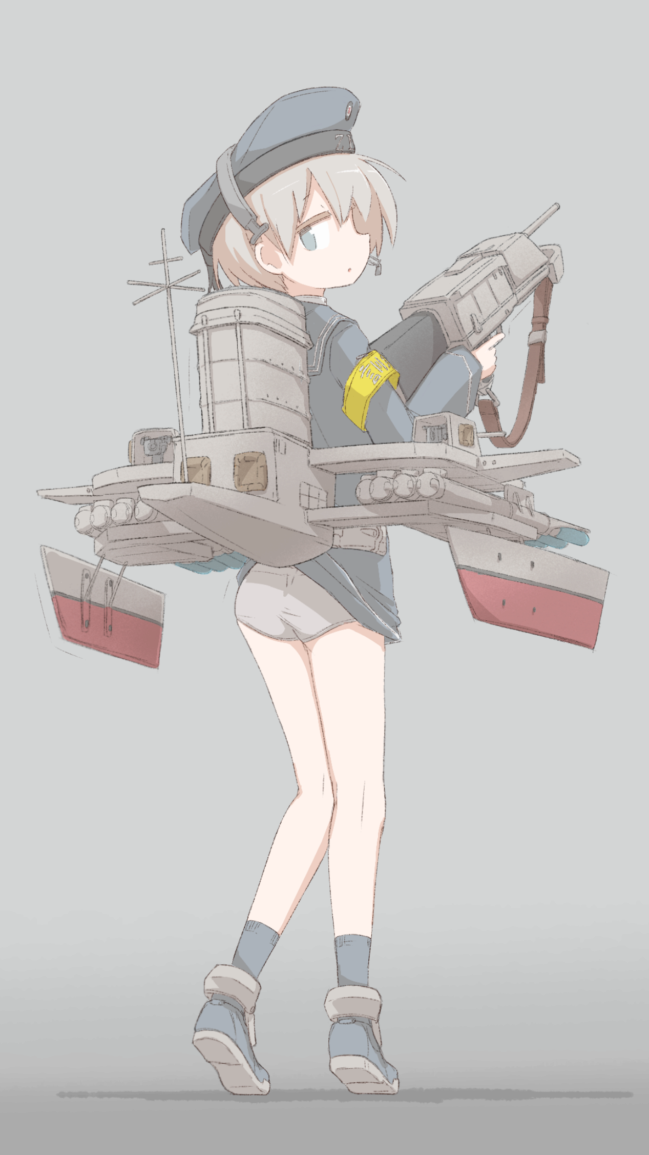 player193, z1 leberecht maass (kancolle), kantai collection, commentary request, commission, highres, pixiv commission, 1girl, armband, blue eyes, blue hat, blue sailor collar, blue shoes, blue socks, dress, grey background, grey hair, grey panties, hair between eyes, hat, headset, holding, long sleeves, panties, parted lips, profile, rigging, sailor collar, sailor dress, shoes, short dress, short hair, simple background, socks, solo, standing, underwear, yellow armband