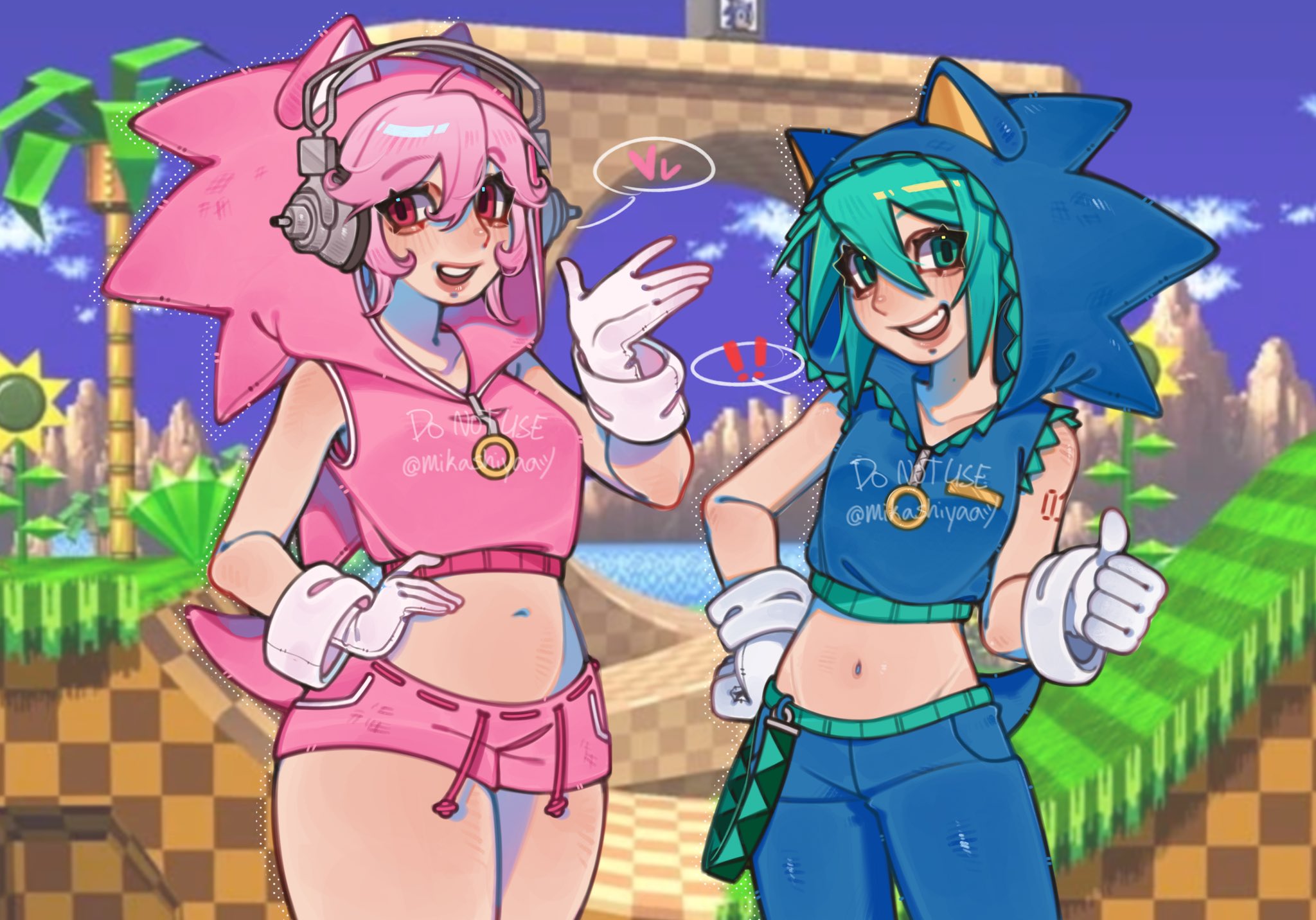 mikashiyaaa, hatsune miku, sonic the hedgehog, super sonico, nitroplus, vocaloid, commentary, english commentary, highres, animal ears, aqua hair, bare shoulders, blush, breasts, cosplay, gloves, headphones, hood, navel, open mouth, pink hair, pink shorts, red eyes, short shorts, shorts, smile, sonic the hedgehog (cosplay), white gloves