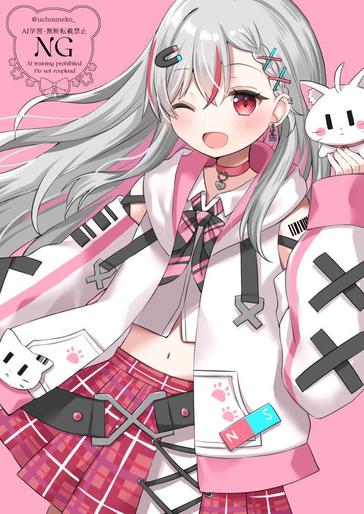 uchuuneko, commentary request, copyright request, 1girl, ;d, braid, choker, collared shirt, crop top, dress shirt, grey hair, hair ornament, hairclip, hood, hood down, hooded jacket, jacket, long sleeves, looking at viewer, magnet, midriff, multicolored hair, navel, one eye closed, open clothes, open jacket, open mouth, pink background, pink choker, pink hair, pink skirt, plaid clothes, plaid skirt, pleated skirt, puffy long sleeves, puffy sleeves, red eyes, red hair, shirt, simple background, skirt, sleeves past wrists, smile, solo, streaked hair, two-tone hair, virtual youtuber, watermark, white jacket, white shirt, x hair ornament, | |