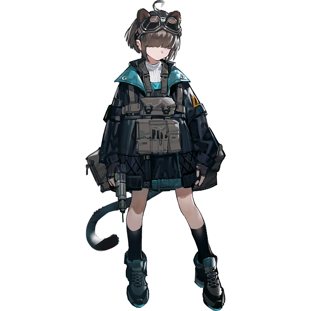arknights, official art, third-party source, 1girl, animal ears, black dress, black jacket, black shoes, black socks, brown gloves, brown hair, covered eyes, dress, faceless, faceless female, female engineering department operator (arknights), fingerless gloves, full body, gloves, hair over eyes, jacket, kneehighs, long bangs, pinafore dress, pouch, rhodes island uniform, shoes, short hair, simple background, sleeveless, sleeveless dress, sneakers, socks, solo, standing, sweater, tachi-e, tactical clothes, tail, transparent background, turtleneck, turtleneck sweater, white sweater
