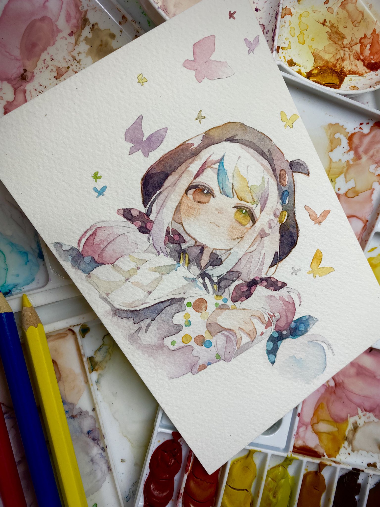 azuma shiro, jougasaki noa, mahou shoujo no majo saiban, commentary request, highres, painting (medium), traditional media, watercolor (medium), 1girl, art tools in frame, beret, braid, bug, butterfly, closed mouth, hat, heterochromia, holding, holding spray can, insect, long hair, long sleeves, looking at viewer, magical girl, multi-tied hair, multicolored hair, pencil, red eyes, smile, solo, spray can, streaked hair, twin braids, white hair, yellow eyes