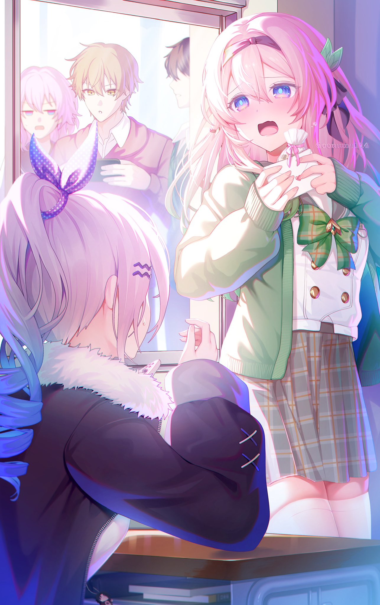 caelus (honkai: star rail), dan heng (honkai: star rail), firefly (honkai: star rail), firefly (spring missive) (honkai: star rail), march 7th (honkai: star rail), silver wolf (honkai: star rail), trailblazer (honkai: star rail), honkai: star rail, honkai (series), highres, 2boys, 3girls, :o, bag, black hairband, black ribbon, blush, bow, bowtie, cardigan, cellphone, collared shirt, desk, gradient eyes, green bow, green bowtie, green pupils, green sweater, grey hair, grey sailor collar, grey skirt, hair between eyes, hair intakes, hair ornament, hair ribbon, hairband, hairpin, holding, holding bag, holding letter, holding phone, letter, long hair, love letter, multicolored eyes, multiple boys, multiple girls, multiple hairpins, oomune114, open cardigan, open clothes, open mouth, phone, plaid bow, plaid bowtie, plaid clothes, pleated skirt, ribbon, sailor collar, school desk, shirt, skirt, smartphone, sweatdrop, sweater, teeth, thighhighs, white shirt, white thighhighs