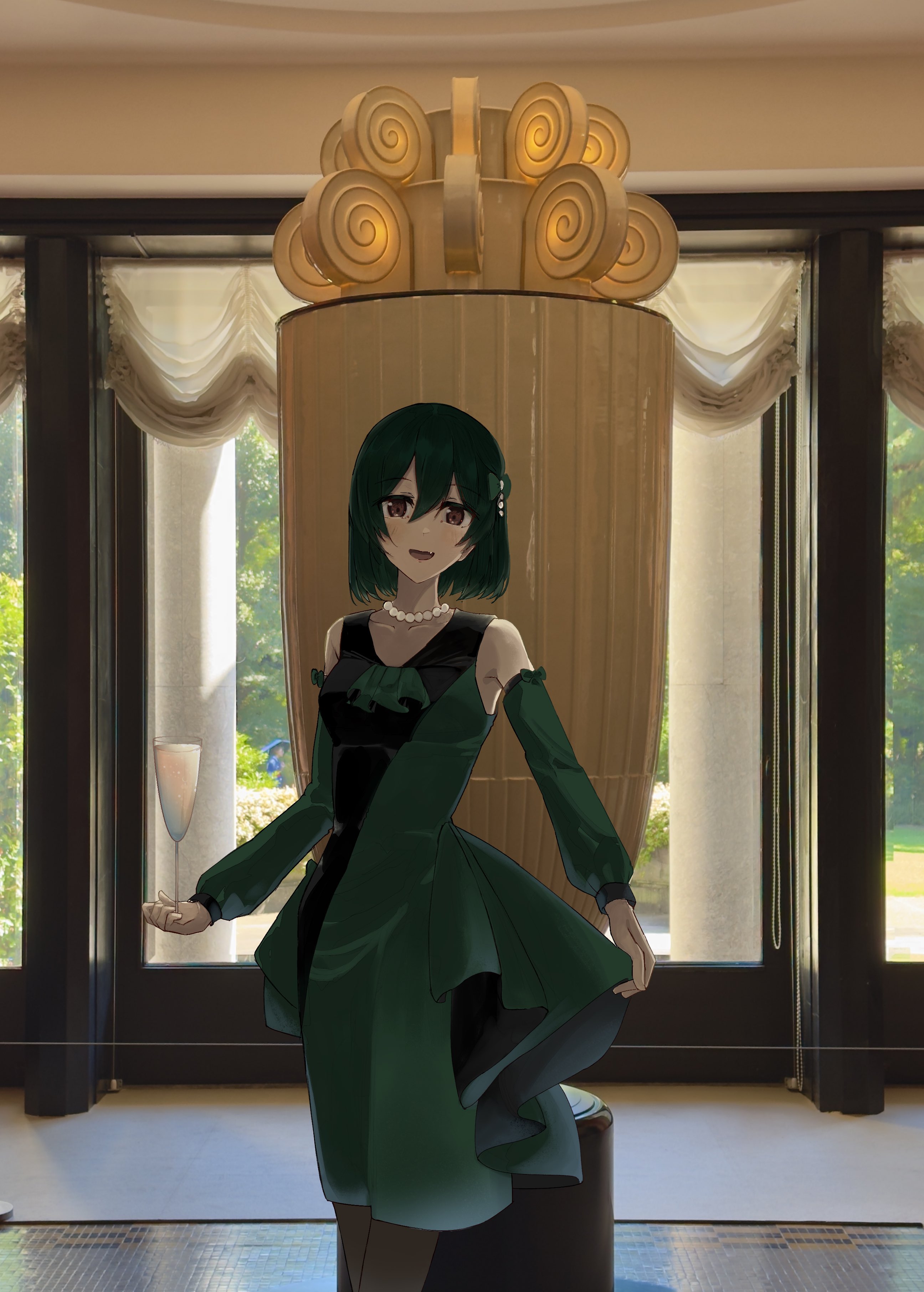 recycle (uchi mlk), mifune shioriko, love live!, love live! nijigasaki high school idol club, absurdres, commentary request, highres, 1girl, black dress, bow, brown eyes, cup, day, detached sleeves, dress, drinking glass, fang, green bow, green dress, green hair, green sleeves, hair between eyes, hair bow, holding, holding cup, indoors, jewelry, light blush, looking at viewer, necklace, open mouth, pearl necklace, photo background, sleeveless, sleeveless dress, smile, solo, standing, two-tone dress, wine glass