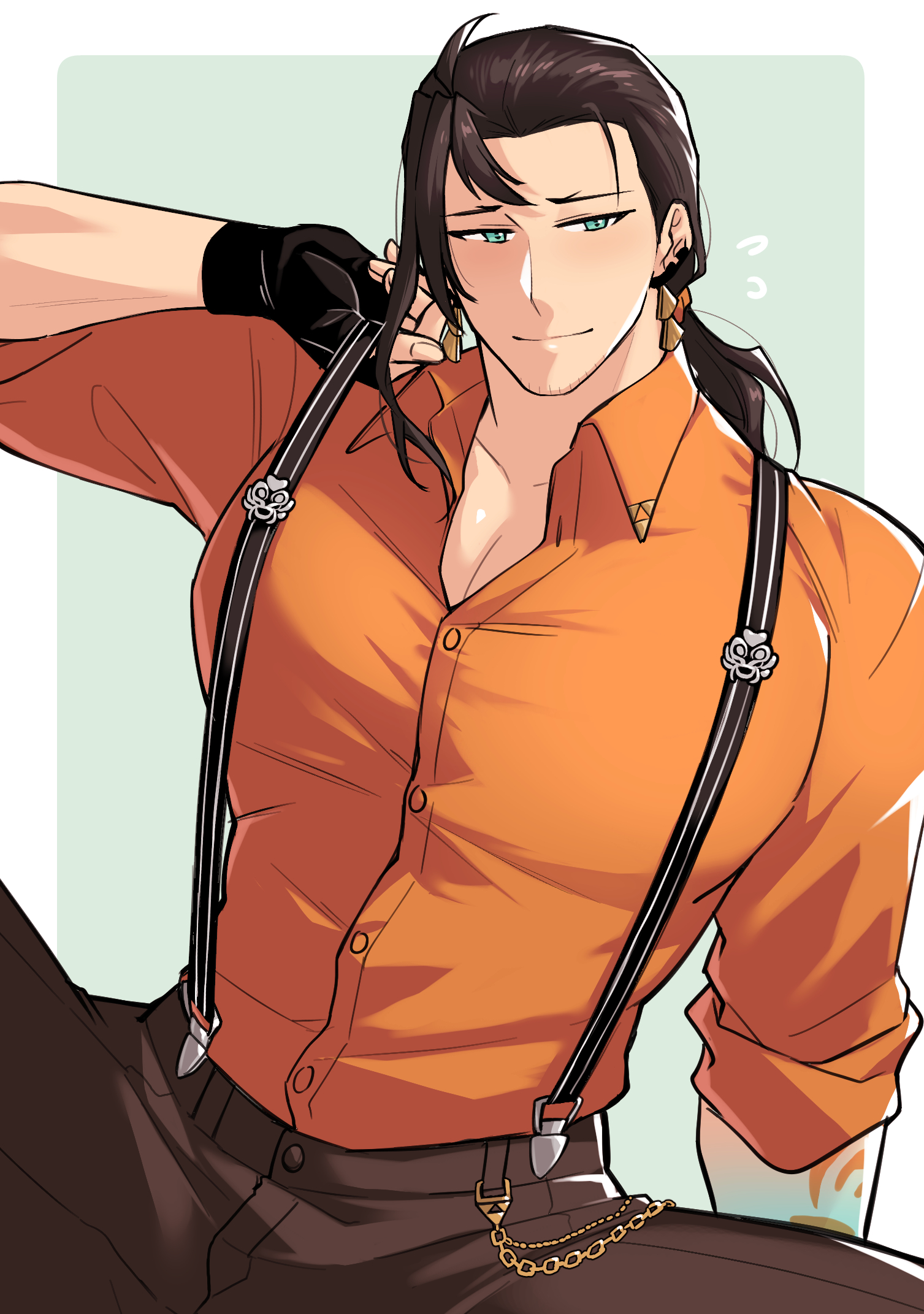 amehigejz, josuiji shinri, holostars, holostars english, highres, 1boy, arm tattoo, beard stubble, black gloves, brown hair, brown pants, chain, collared shirt, cowboy shot, earrings, facial hair, fingerless gloves, flying sweatdrops, gloves, green background, green eyes, huge pectorals, jewelry, looking to the side, low ponytail, male focus, orange shirt, pants, partially unbuttoned, pectoral cleavage, pectorals, ponytail, shirt, simple background, sitting, sleeves rolled up, solo, spread legs, stubble, suspenders, suspenders pull, tattoo, unbuttoned, unbuttoned shirt, virtual youtuber, wallet chain