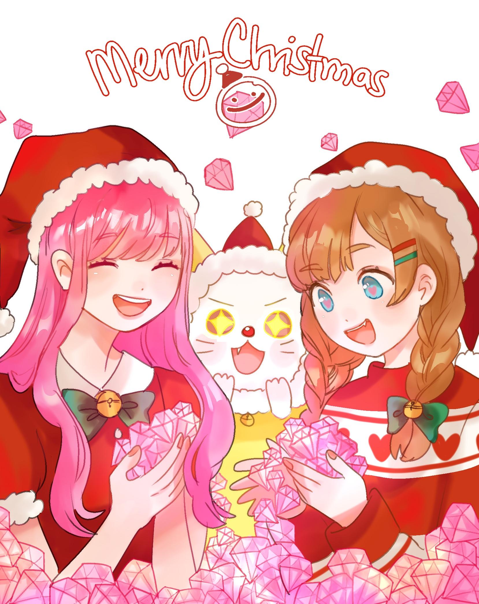 bobo (miracle nikki), momo (nikki), nikki (nikki), miracle nikki, nikki (series), artist request, commentary, english commentary, highres, inactive account, + +, ^ ^, alternate costume, animal, bare arms, bell, blue eyes, blush stickers, bow, bowtie, braid, brown eyes, brown hair, cat, christmas, cloak, closed eyes, clothed animal, collared shirt, diamond (gemstone), dot nose, ear covers, english text, eyelashes, eyeshadow, fang, fur-trimmed headwear, fur-trimmed hood, fur-trimmed sleeves, fur trim, gem, green bow, green bowtie, hair bell, hair bow, hair ornament, hair over shoulder, hairclip, hands on own face, happy, hat, heart, heart in eye, heart print, holding, holding gem, hood, hood up, hooded cloak, light blush, lips, long hair, long sleeves, looking at object, makeup, merry christmas, mini hat, mini santa hat, nail polish, neck bell, open mouth, parallel hairclips, partially submerged, pile, pink eyeshadow, pink gemstone, pink hair, pink lips, pink nails, pom pom (clothes), puffy short sleeves, puffy sleeves, red hat, red nose, red shirt, red sweater, santa hat, shirt, short sleeves, simple background, smile, sparkling eyes, sweater, symbol in eye, tareme, teeth, traditional bowtie, twin braids, upper teeth only, wavy hair, whiskers, white background, white cat, yellow cloak