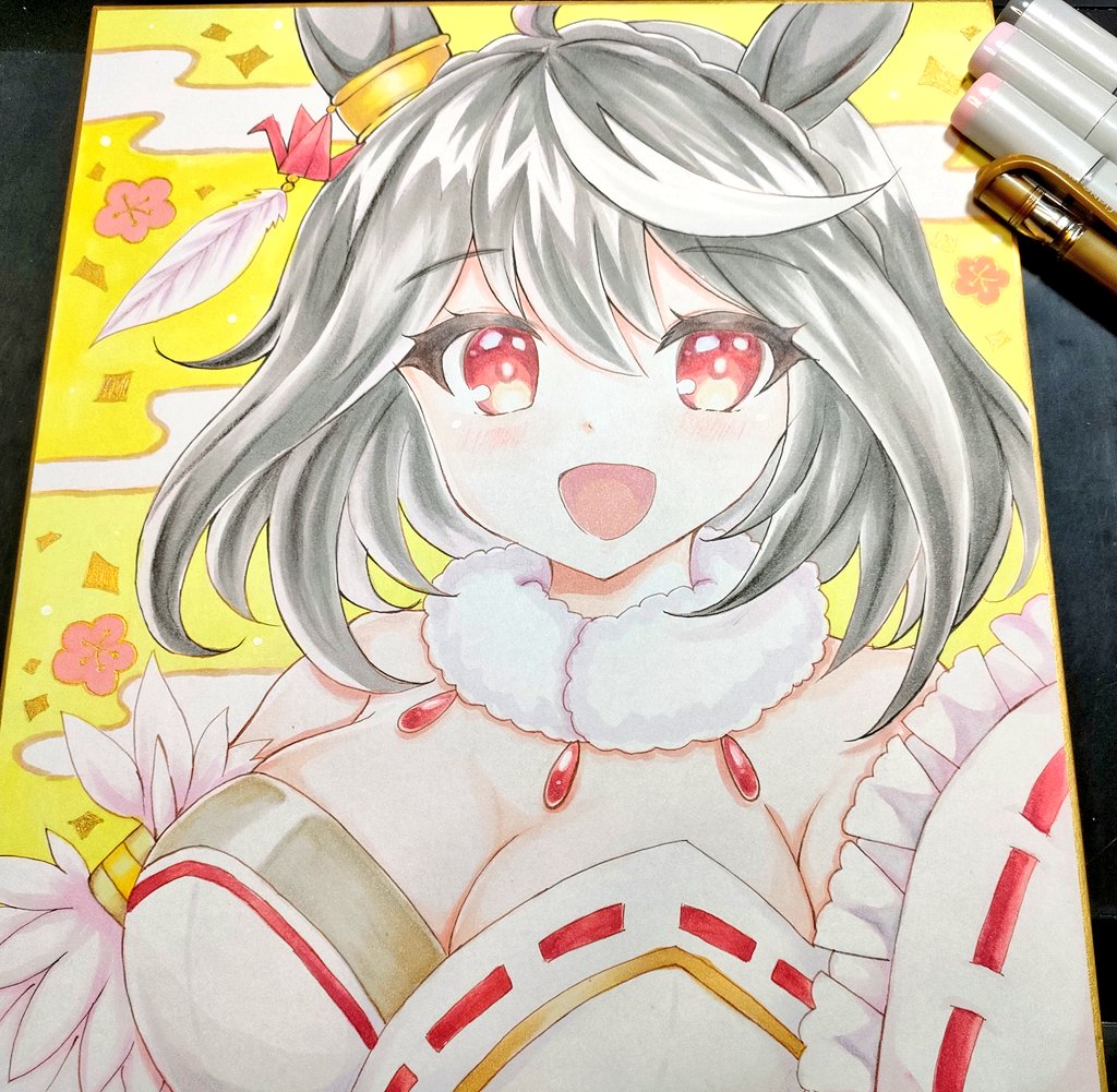 terimuku, kitasan black (umamusume), umamusume, commentary request, photo (medium), traditional media, 1girl, :d, ahoge, animal ears, bare shoulders, black hair, blush, braid, breasts, cleavage, egasumi, hair between eyes, horse ears, large breasts, looking at viewer, multicolored hair, open mouth, red eyes, shikishi, smile, solo, streaked hair, upper body, white hair