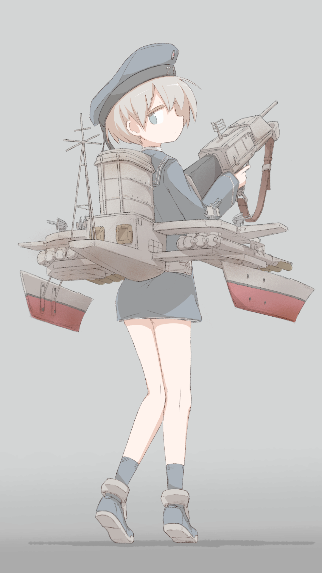 player193, z1 leberecht maass (kancolle), kantai collection, commentary request, commission, highres, pixiv commission, 1girl, blue eyes, blue hat, blue sailor collar, blue shoes, blue socks, closed mouth, dress, grey background, grey hair, hair between eyes, hat, holding, long sleeves, profile, rigging, sailor collar, sailor dress, shoes, short dress, short hair, simple background, socks, solo, standing