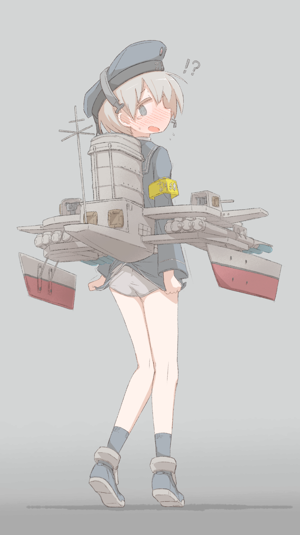 player193, z1 leberecht maass (kancolle), kantai collection, commentary request, commission, highres, pixiv commission, !?, 1girl, armband, blue eyes, blue hat, blue sailor collar, blue shoes, blue socks, blush, dress, grey background, grey hair, grey panties, hair between eyes, hat, headset, long sleeves, nose blush, open mouth, panties, parted lips, profile, rigging, sailor collar, sailor dress, shoes, short dress, short hair, simple background, socks, solo, standing, sweat, underwear, yellow armband