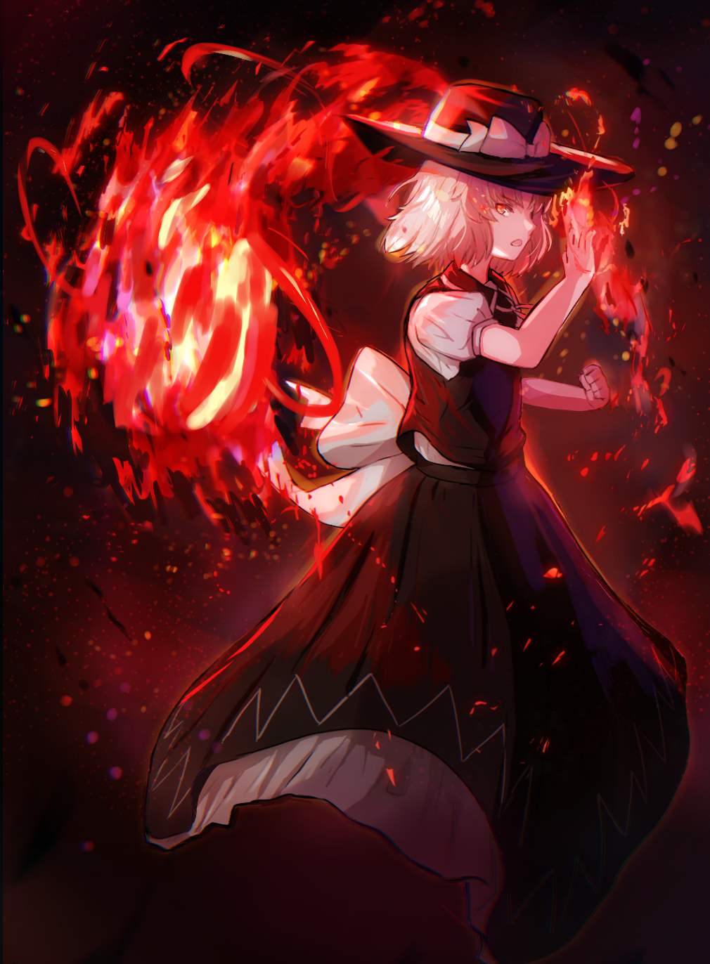 ayumi (ayumi99999999), yuki (touhou), mystic square, touhou, touhou (pc-98), highres, medibang paint (medium), 1girl, black hat, black skirt, black vest, blonde hair, bow, fire, hat, hat ribbon, layered skirt, medium hair, neck ribbon, open mouth, puffy short sleeves, puffy sleeves, pyrokinesis, ribbon, shirt, short sleeves, skirt, solo, v-shaped eyebrows, vest, waist bow, white bow, white ribbon, white shirt, yellow eyes