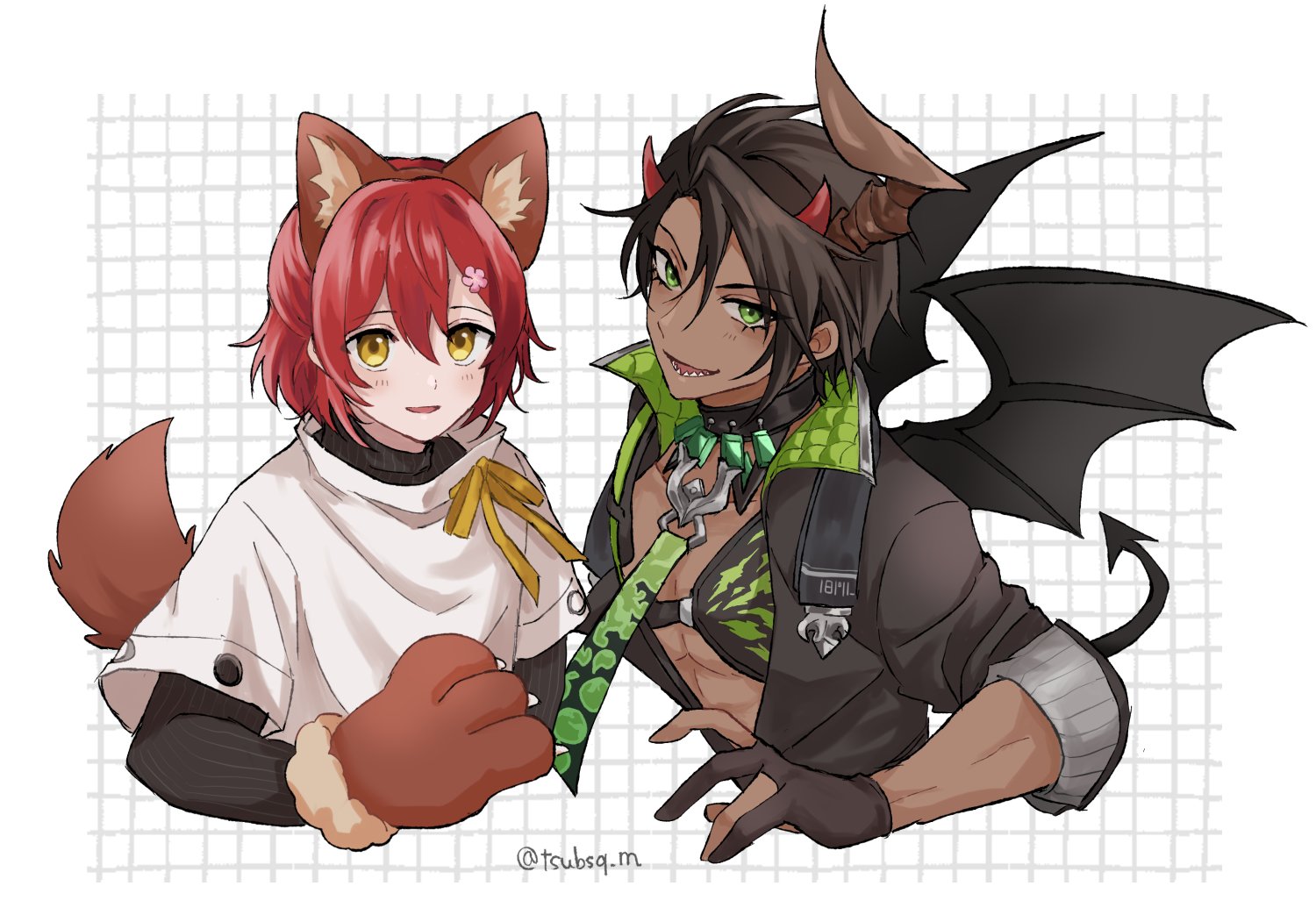 mioto (tsubsq m), aragami oga, hanasaki miyabi, holostars, 2boys, animal ears, animal hands, black hair, black shirt, blush, brown gloves, chest guard, collar, cropped torso, dark-skinned male, dark skin, demon horns, demon tail, demon wings, fake animal ears, gem, gloves, green eyes, green gemstone, grid background, high collar, horns, layered sleeves, light blush, long sleeves, male focus, medium hair, multiple boys, necktie, open clothes, open mouth, open shirt, partially fingerless gloves, paw gloves, pectoral cleavage, pectorals, red hair, ribbon, sharp teeth, shirt, short over long sleeves, short sleeves, sleeves rolled up, tail, teeth, upper body, virtual youtuber, white background, white shirt, wings, wolf ears, wolf tail, yellow eyes, yellow ribbon