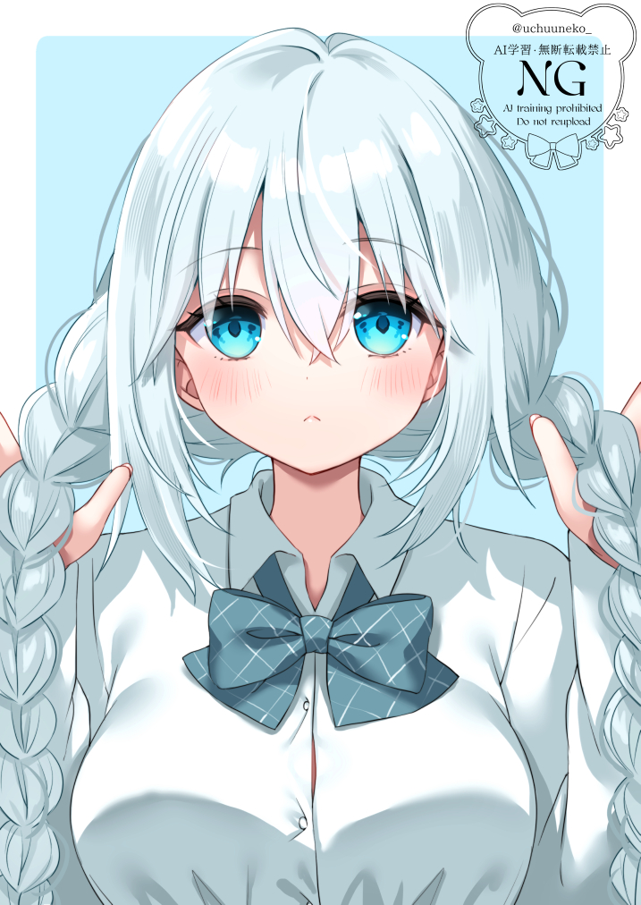 uchuuneko, original, commentary request, 1girl, blue background, blue bow, blue eyes, blush, border, bow, braid, breasts, closed mouth, collared shirt, dress shirt, hair between eyes, hands up, long hair, looking at viewer, low twintails, medium breasts, school uniform, shirt, solo, twin braids, twintails, upper body, watermark, white border, white shirt