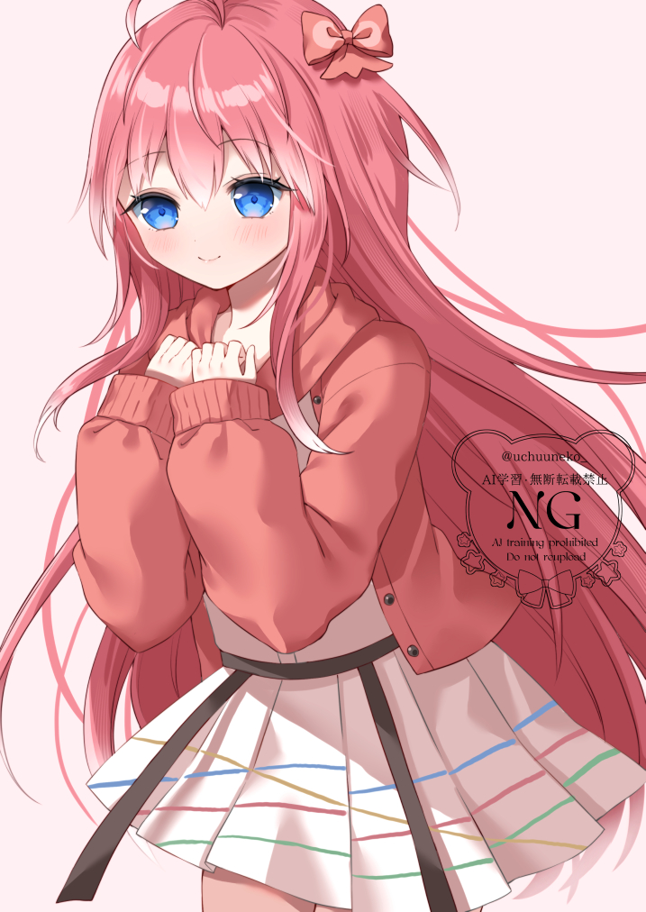 uchuuneko, original, commentary request, 1girl, blue eyes, blush, bow, closed mouth, gradient hair, hair between eyes, hair bow, hands up, hood, hood down, hoodie, jacket, long sleeves, multicolored hair, open clothes, open jacket, pink background, pink hair, pleated skirt, puffy long sleeves, puffy sleeves, red bow, red jacket, simple background, skirt, sleeves past wrists, smile, solo, watermark, white hair, white hoodie, white skirt