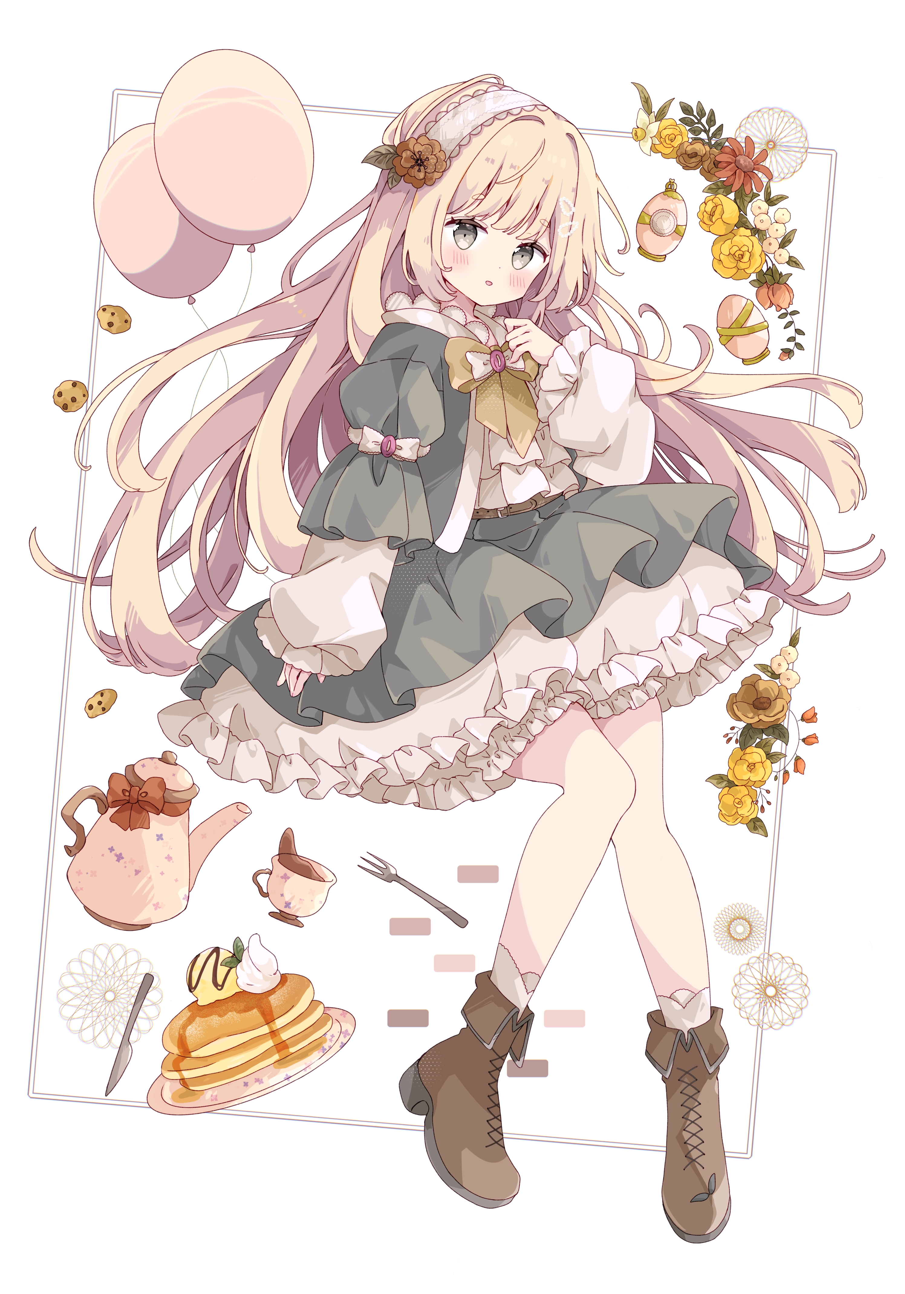 tsukiyo (skymint), original, absurdres, commentary request, highres, 1girl, balloon, blonde hair, blush, boots, bow, brown boots, brown eyes, cup, dress, flower, food, fork, full body, green dress, hair flower, hair ornament, headband, heart balloon, knife, layered sleeves, long hair, long sleeves, looking at viewer, pancake, pancake stack, parted lips, plate, puffy long sleeves, puffy sleeves, simple background, sleeves past wrists, socks, solo, teacup, teapot, very long hair, white dress, white headband, white socks, yellow bow