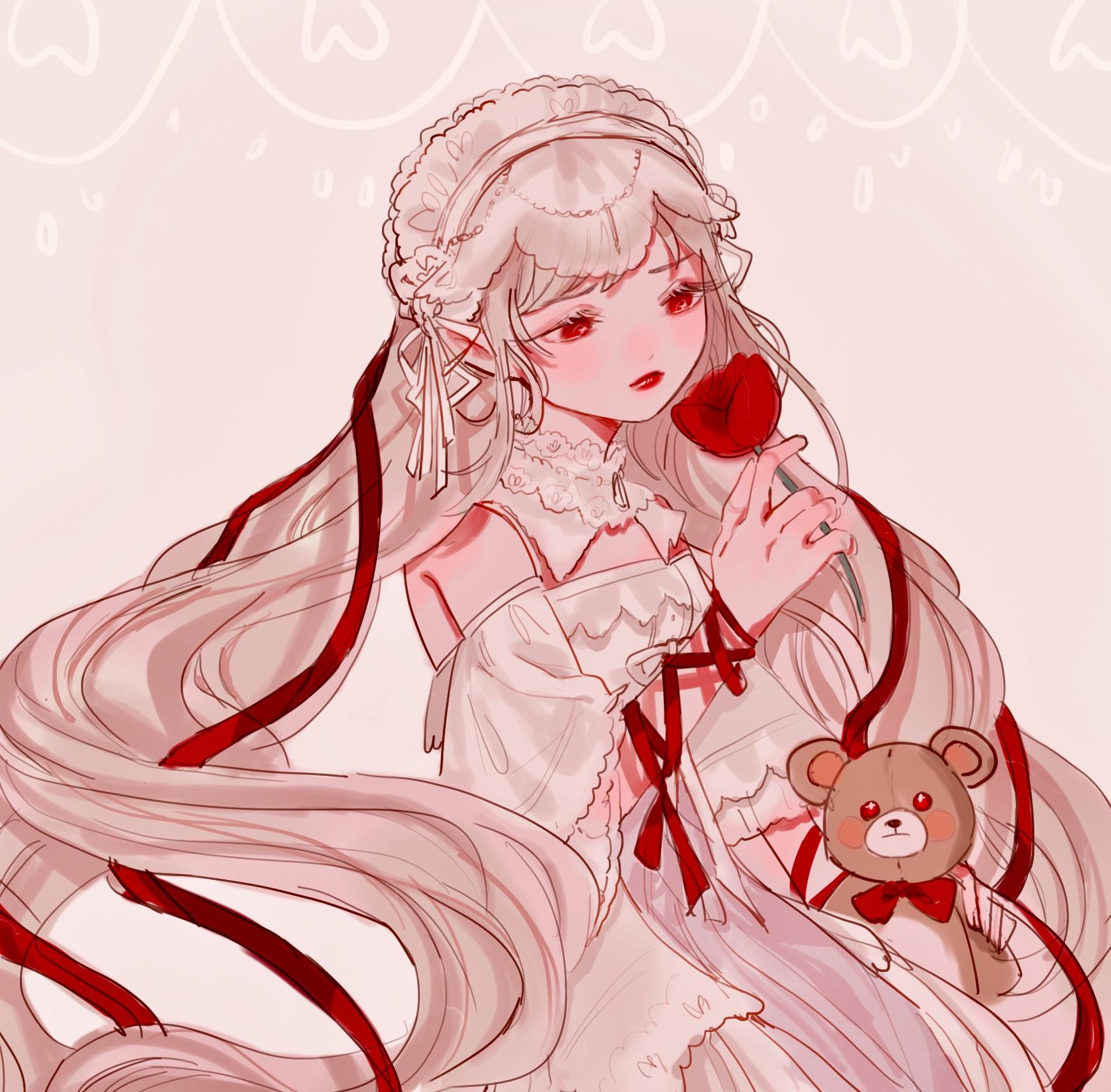 miracle nikki, nikki (series), artist request, commentary, english commentary, highres, inactive account, arm ribbon, bare shoulders, beads, blonde hair, circlet, collar, detached collar, dress, expressionless, eyelashes, flower, frilled hairband, frills, hair beads, hair ornament, hair ribbon, hairband, holding, holding flower, holding stuffed toy, lace-trimmed collar, lace trim, light blush, lipstick, lolita hairband, long hair, looking at flowers, makeup, off-shoulder dress, off shoulder, parted lips, pointy ears, red eyes, red flower, red lips, red nightmare (miracle nikki), red ribbon, red rose, ribbon, rose, see-through clothes, see-through veil, short sleeves, simple background, stuffed animal, stuffed toy, teddy bear, veil, very long hair, wavy hair, white background, white collar, white dress, white hairband, white ribbon, white veil