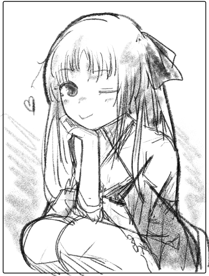 sakiecho, yaya (machine-doll), machine-doll wa kizutsukanai, black kimono, hair ribbon, japanese clothes, kimono, kimono skirt, obi, ribbon, sash, short kimono, short yukata, sketch, yukata