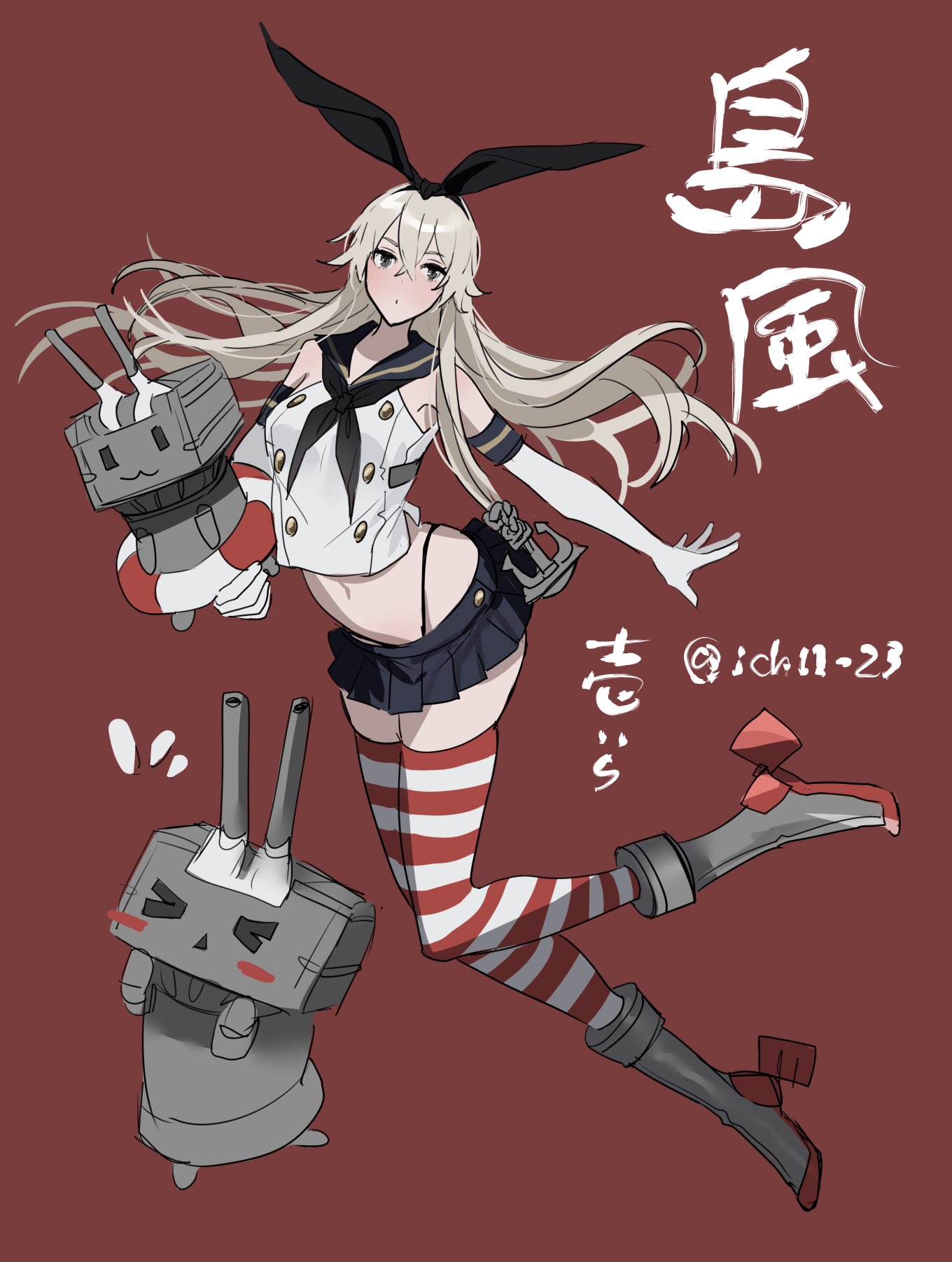ichimonme (ichi), rensouhou-chan, shimakaze (kancolle), kantai collection, highres, 1girl, anchor hair ornament, black panties, blonde hair, blush, breasts, elbow gloves, gloves, hair ornament, hairband, highleg, highleg panties, lifebuoy, long hair, looking at viewer, navel, panties, sailor collar, skirt, solo, striped clothes, striped thighhighs, swim ring, thighhighs, underwear, white gloves