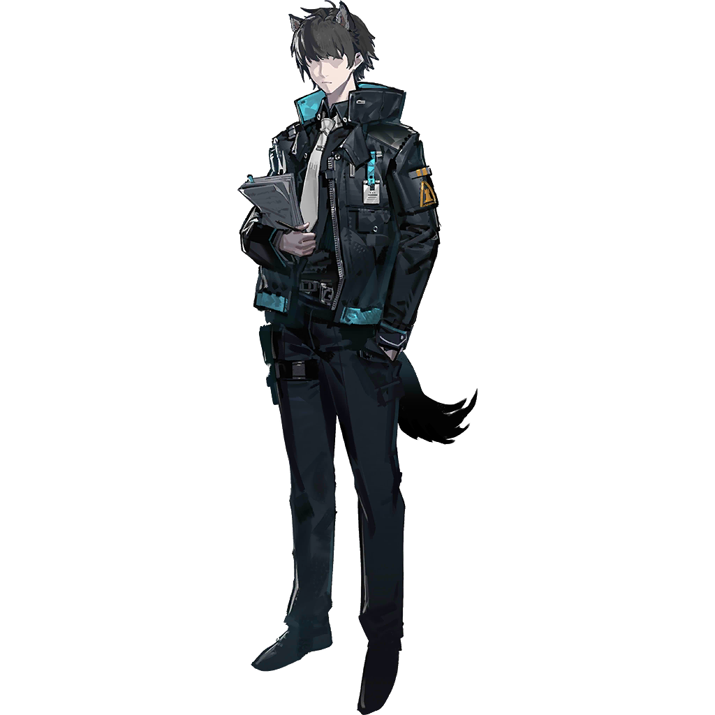 arknights, official art, third-party source, 1boy, animal ears, black hair, black jacket, black pants, black shoes, brown hair, faceless, faceless male, full body, jacket, male focus, male hr department operator (arknights), pants, rhodes island uniform, shoes, short hair, simple background, solo, standing, tachi-e, tail, transparent background